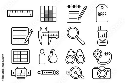 Collection of 16 black and white outline icons featuring stationary and measuring tools