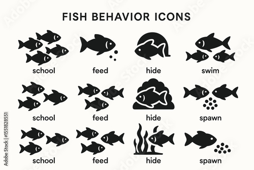 Fish behavior icons: feeding, hiding, swimming, schooling, spawning