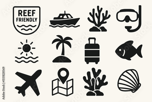 Travel and beach icons: boat, coral, snorkel, shell, palm, fish, suitcase, airplane, map