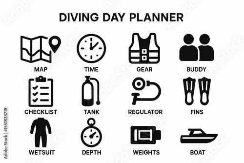 Diving day planner tools: map, time, gear, buddy, checklist, tank, regulator, fins, wetsuit, depth, weights, boat