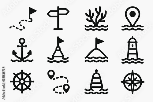 Nautical icons: anchor, compass, lighthouse, buoy, map pin, coral, helm