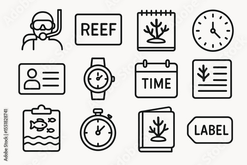 Minimalist icons of diving, timekeeping, and marine life