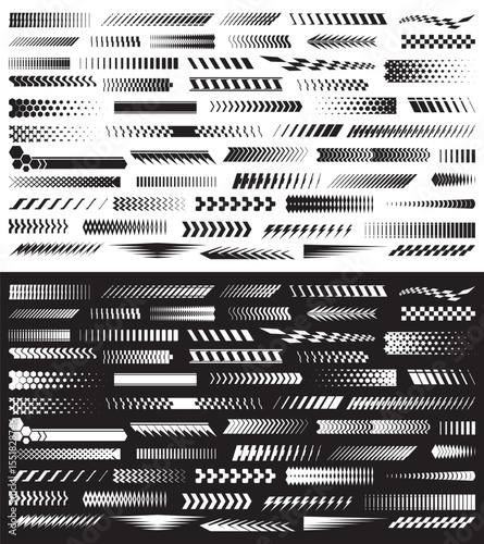 Set checkered flag designs, racing stripe speed, finish line motorsport