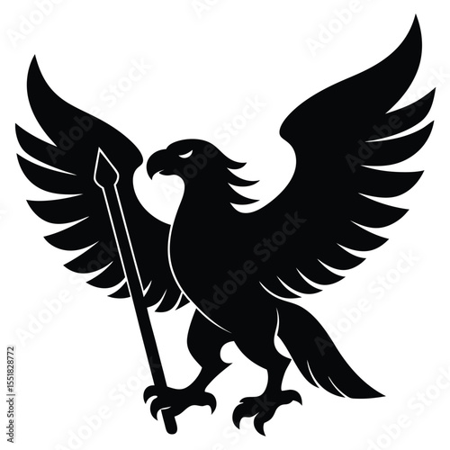 Black heraldic eagle with spear wings spread on white background silhouette