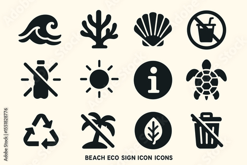 Eco-friendly beach icons: recycling, conservation, no littering signs