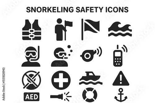Snorkeling safety icons set with gear and safety alerts