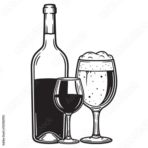 Black and white illustration of wine bottle red wine glass and beer glass