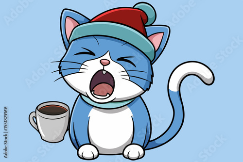 A sleepy cat with a cup of coffee
