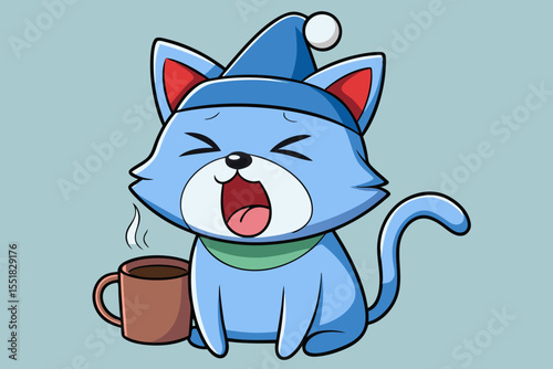 A sleepy cat with a cup of coffee