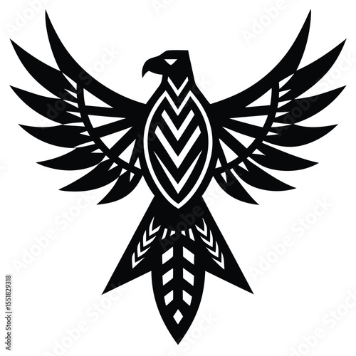 Isolated black and white stylized eagle with spread wings art silhouette