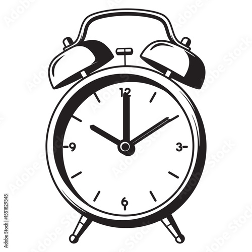 Black and white retro illustration of an alarm clock showing the time at ten past twelve