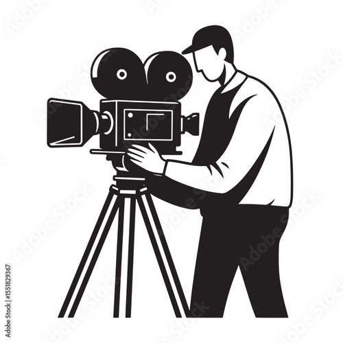 Black and white vector illustration of a cameraman operating a classic movie camera