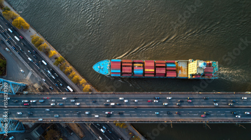 An aerial overhead picture of a big cargo container ship going beneath a bridge while traffic is moving