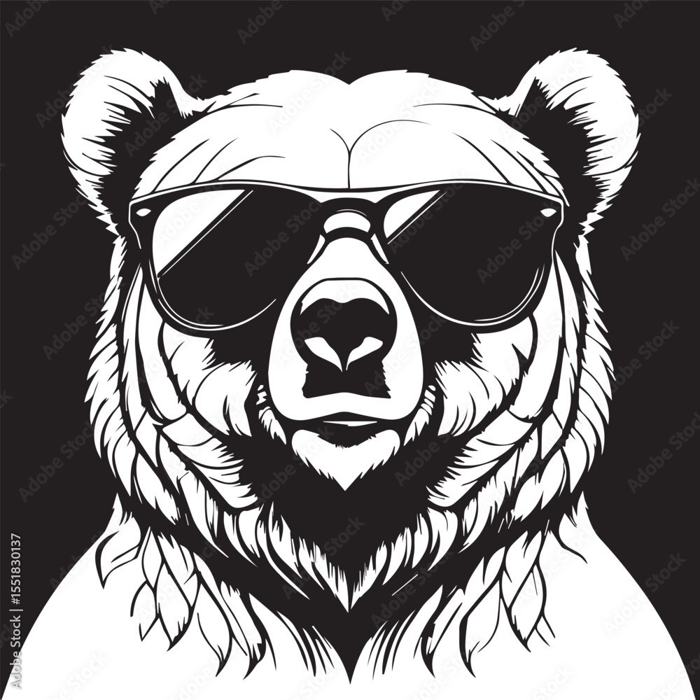 Fototapeta premium Black and white vector illustration of a cool bear wearing sunglasses.