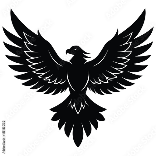 Black silhouette of an eagle with wings spread on white background