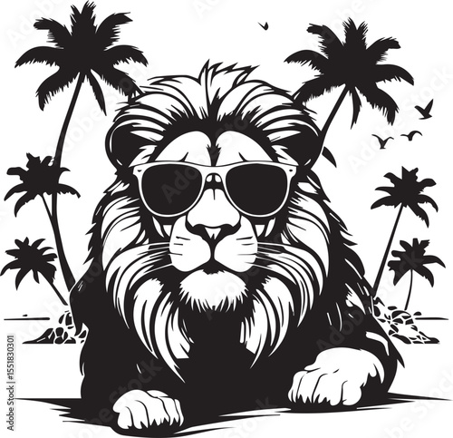 Stylized black and white vector illustration of a relaxed lion wearing sunglasses lying on a beach