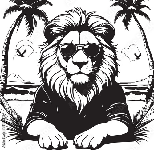 Cool lion wearing sunglasses lounging on a tropical beach