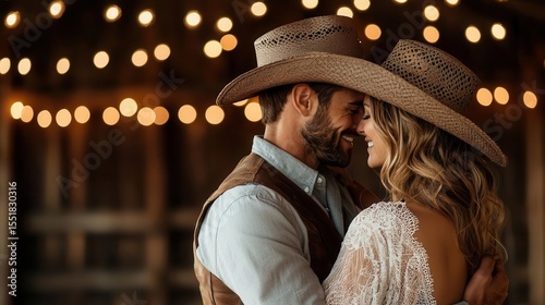 Western cowboy wedding dance with a rustic barn setting, country music, and twinkling string lights
