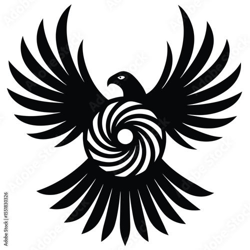 Black bird with wings spread and a spiral design on its chest silhouette