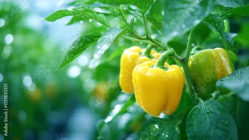 Bright yellow bell peppers glimmer against the green backdrop of a greenhouse filled with steam and filtered morning light