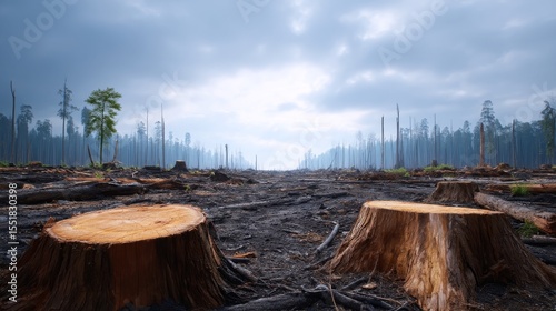 Burnt Forest Area With Tree Stumps and Charred Remnants Under Cloudy Sky