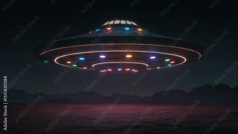Flying saucer gracefully hovers over planet at dusk: mysterious UFO with glowing lights above alien landscape.