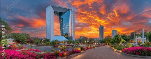 Hyderabad's business hub boasts architectural beauty, characterized by modern glass facades, towering office complexes, and lush green landscaping that enhance the city's charm
