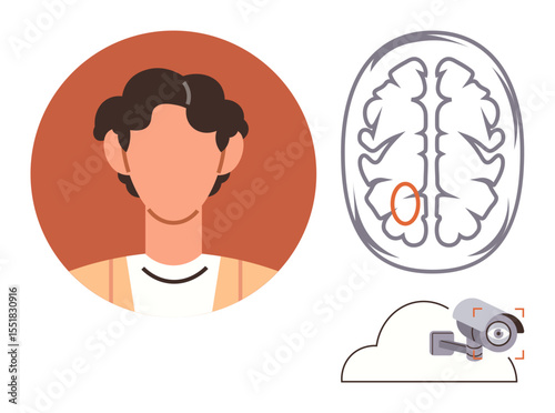 Minimalistic design combining a faceless human, brain structure with marked area, and a cloud-based security camera. Ideal for neuroscience, surveillance, biometrics, AI, cybersecurity, analytics