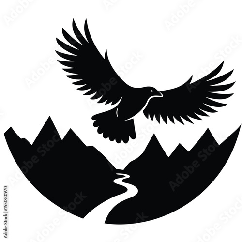 Black bird flying over mountains and river in silhouette art