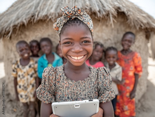 A young African woman is teaching digital skills to village locals using a shared tablet, bridging the digital divide