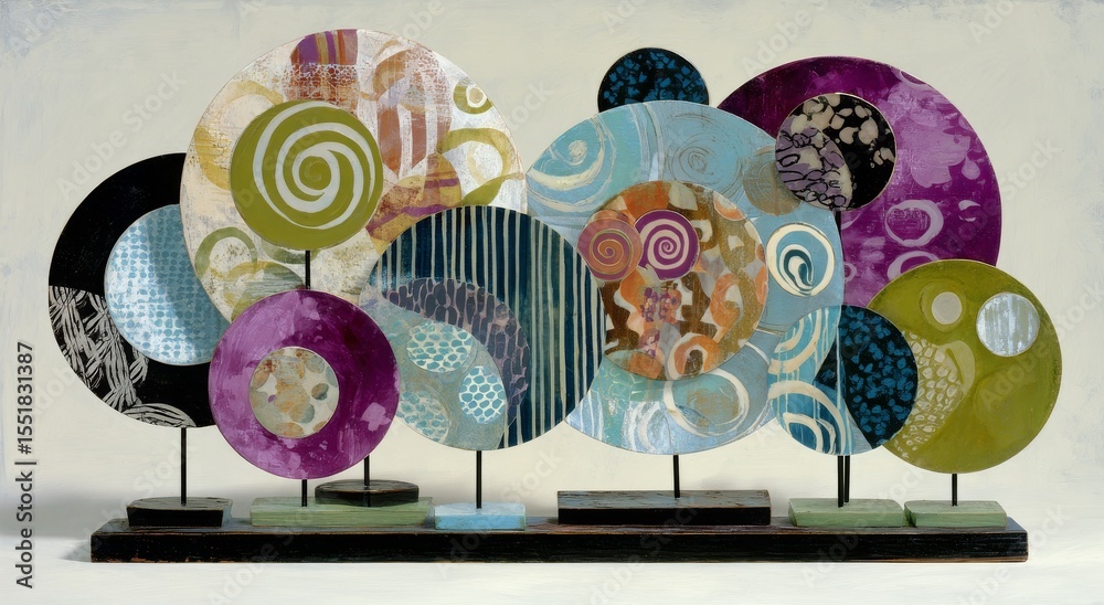 Fototapeta premium The artwork boasts an array of vibrant circular and geometric shapes, adorned with an assortment of textures, against a radiant background, extolling the virtues of creativity in a lively studio