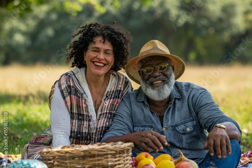Portrait of a joyful mixed race couple in their 60s having an outdoor picnic