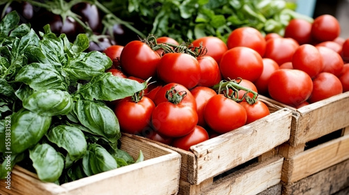 Fresh tomatoes and basil at outdoor farmer’s market