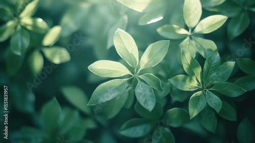 Green leaves lit by bright sunlight. Defocused photo, bokeh blurred bright natural background.