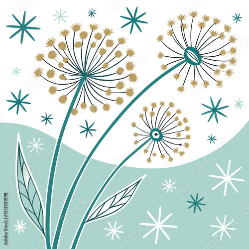 Three dandelions with green stems and leaves, golden seed heads, surrounded by teal and white stars on a light blue background