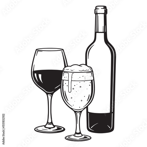 Elegant black and white illustration featuring wine beer and wine bottle elements