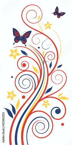 Vector brushstroke swirls in artistic abstract layout, bold primary colors on white