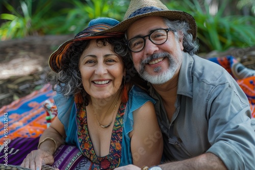 Portrait of a joyful mixed race couple in their 60s having an outdoor picnic