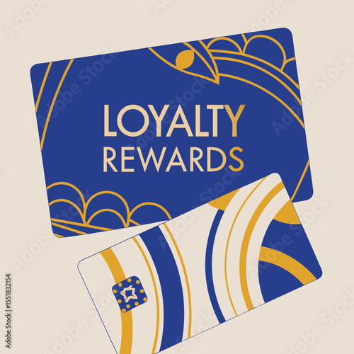 Loyalty rewards gift cards with modern design in blue and gold  