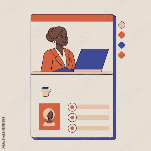 Black woman working on laptop while seated at desk in office environment - Concept of Marketing  