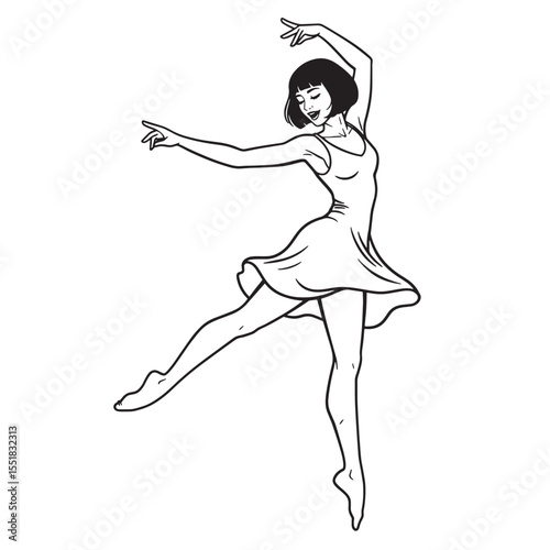 Elegant black and white illustration of a graceful female dancer in mid-air