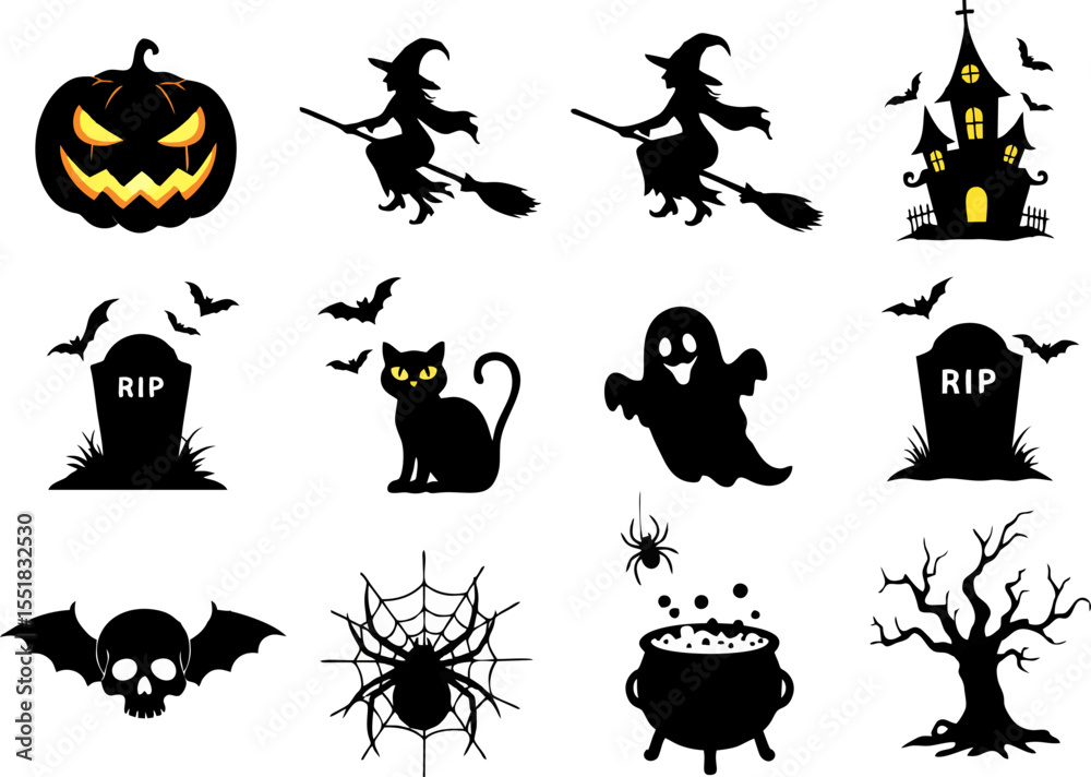 Fototapeta premium Vector Line Art Set of Halloween Icons – Clean and Spooky Outline Collection