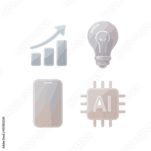 3D Glass Icons Growth, Innovation, AI, and Mobile Technology
