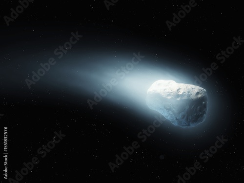 Comet against the background of space. Gas evaporates from the surface of the comet's nucleus.
