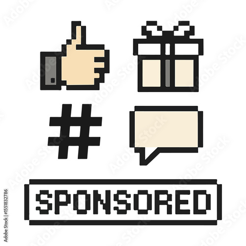 Pixel Art Social Media Icons Thumbs Up, Gift, Hashtag, Speech Bubble