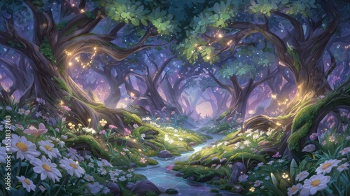 The preservation of forests is beautifully illustrated by a tranquil scene of towering trees casting dappled light onto a mossy forest floor teeming with quietly thriving wildlife