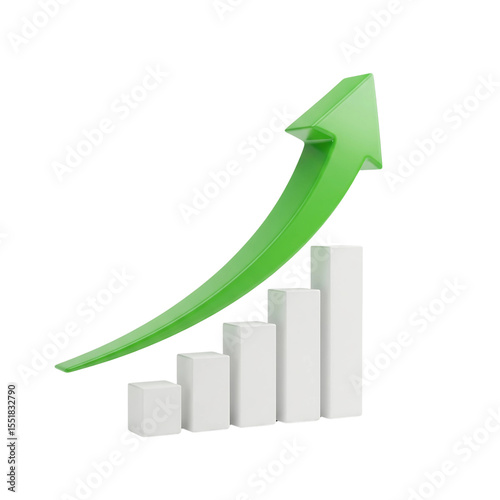 3D icon of green upward arrow curving over bar chart, symbolizing business growth, modern clean style, white background. 