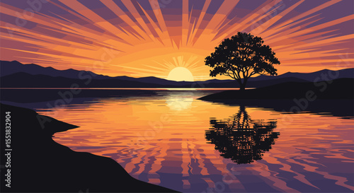 Pixel Art Serene Sunset Over Tranquil Water with Lone Tree Silhouette