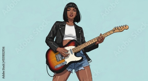 Woman playing an electric guitar wearing a black leather jacket and denim shorts against a plain background.