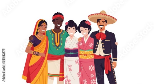 Five people from diverse cultures wearing traditional clothing, standing together and smiling against a white background.